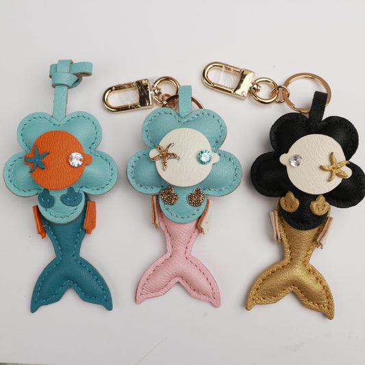 Handmade Mermaid Charm,Leather Bag Charm,Cute Mermaid Leather Handbag and Purse Charm,flowe Keychain,Mermaid Gift for Girls & Sea Lovers