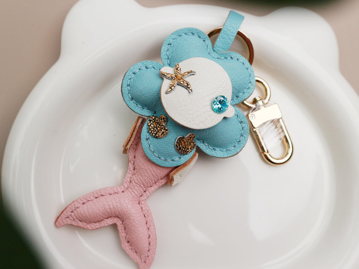 Handmade Mermaid Charm,Leather Bag Charm,Cute Mermaid Leather Handbag and Purse Charm,flowe Keychain,Mermaid Gift for Girls & Sea Lovers
