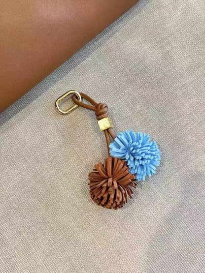 Handmade Leather Orange  Pompom Charm, Handmade Floral Charm, Cute Flower Leather Handbag/ Purse Charm, Flower Keychain,gift for her