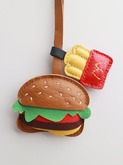 Burger and Fries Leather Charm, Handmade Hamburger and Chips leather key fob, Fast Food Purse Charm and Handbag Charm, Unique birthday gift