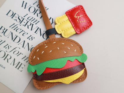 Burger and Fries Leather Charm, Handmade Hamburger and Chips leather key fob, Fast Food Purse Charm and Handbag Charm, Unique birthday gift