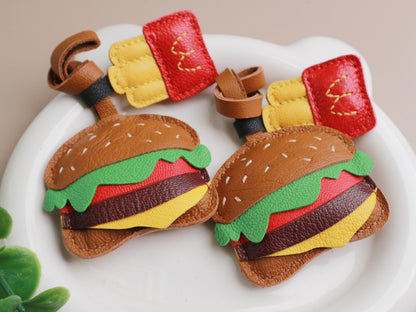 Burger and Fries Leather Charm, Handmade Hamburger and Chips leather key fob, Fast Food Purse Charm and Handbag Charm, Unique birthday gift