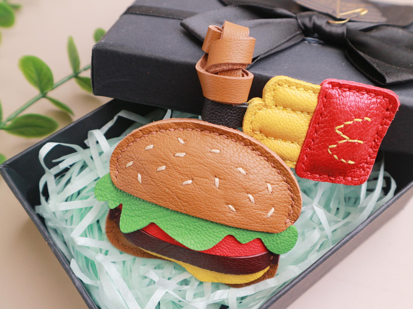 Burger and Fries Leather Charm, Handmade Hamburger and Chips leather key fob, Fast Food Purse Charm and Handbag Charm, Unique birthday gift