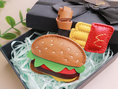 Burger and Fries Leather Charm, Handmade Hamburger and Chips leather key fob, Fast Food Purse Charm and Handbag Charm, Unique birthday gift