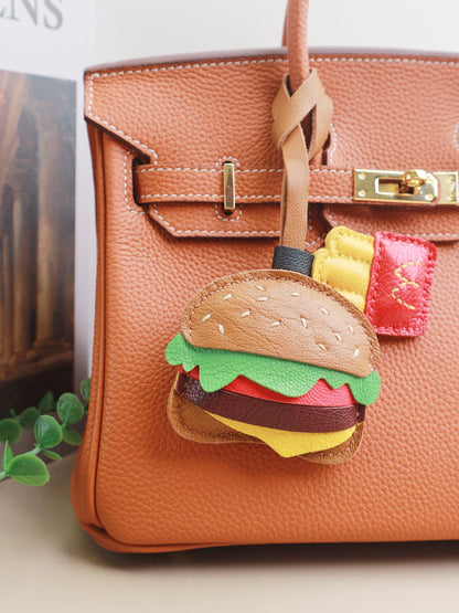 Burger and Fries Leather Charm, Handmade Hamburger and Chips leather key fob, Fast Food Purse Charm and Handbag Charm, Unique birthday gift
