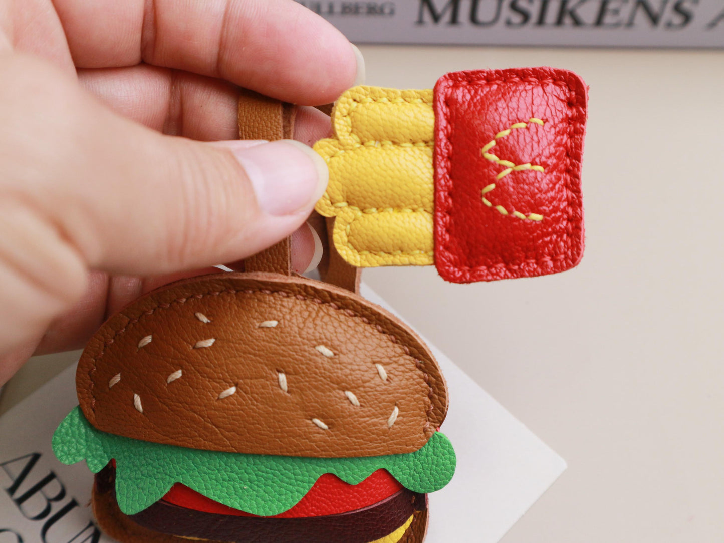 Burger and Fries Leather Charm, Handmade Hamburger and Chips leather key fob, Fast Food Purse Charm and Handbag Charm, Unique birthday gift