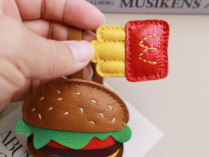 Burger and Fries Leather Charm, Handmade Hamburger and Chips leather key fob, Fast Food Purse Charm and Handbag Charm, Unique birthday gift