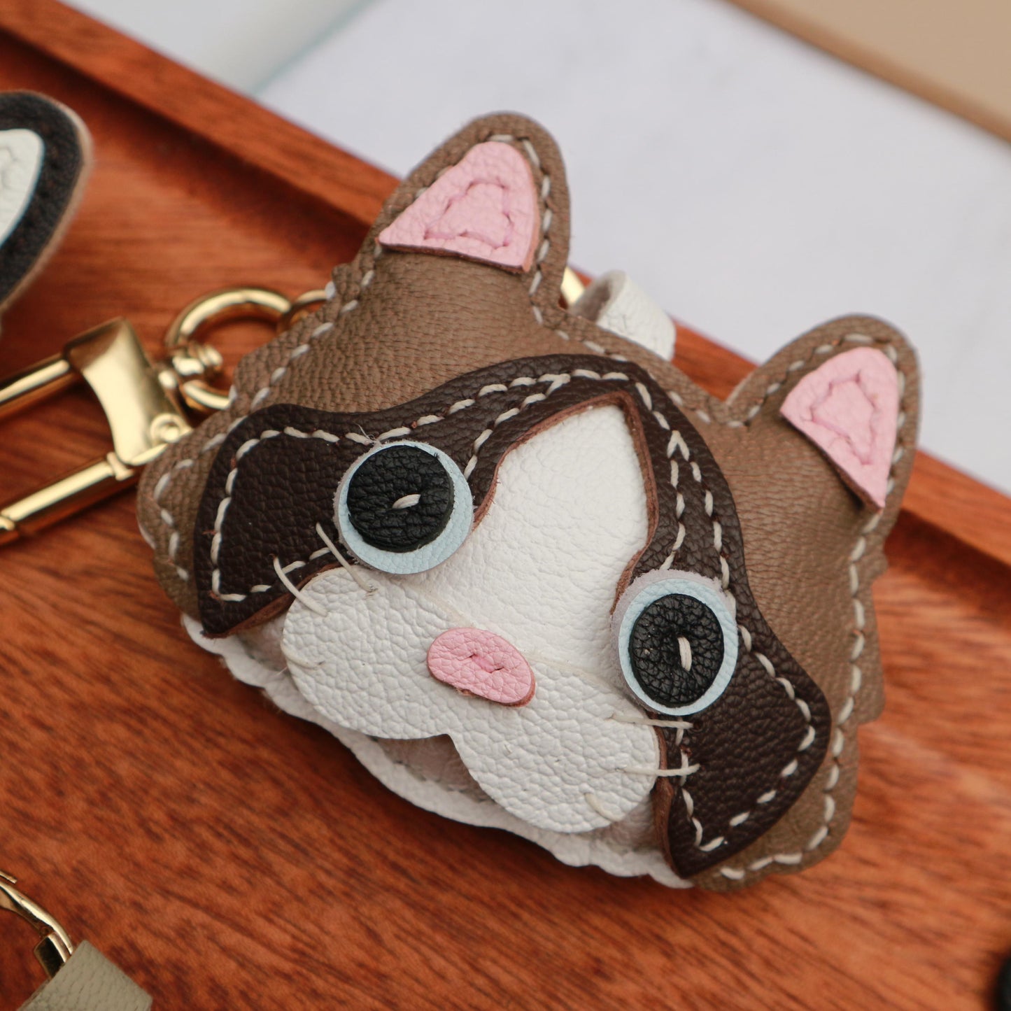 Handmade Leather Cat Charm,Leather Bag Charm, Leather Handbag and Purse Charm, Cute Cat Keychain, book bag charm,Handmade car mirror charm