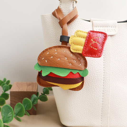 Burger and Fries Leather Charm, Handmade Hamburger and Chips leather key fob, Fast Food Purse Charm and Handbag Charm, Unique birthday gift