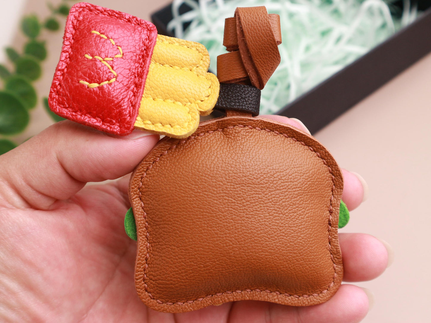 Burger and Fries Leather Charm, Handmade Hamburger and Chips leather key fob, Fast Food Purse Charm and Handbag Charm, Unique birthday gift