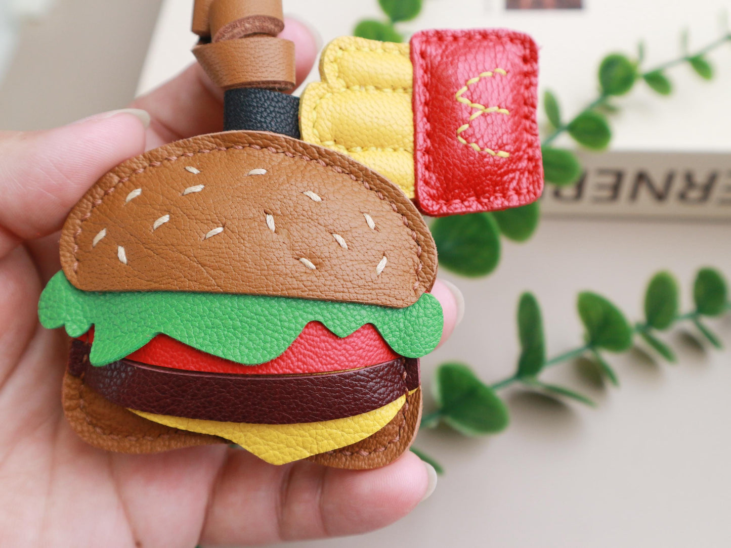 Burger and Fries Leather Charm, Handmade Hamburger and Chips leather key fob, Fast Food Purse Charm and Handbag Charm, Unique birthday gift