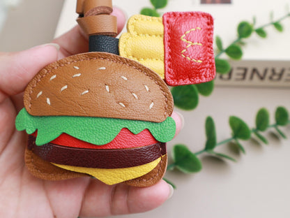 Burger and Fries Leather Charm, Handmade Hamburger and Chips leather key fob, Fast Food Purse Charm and Handbag Charm, Unique birthday gift