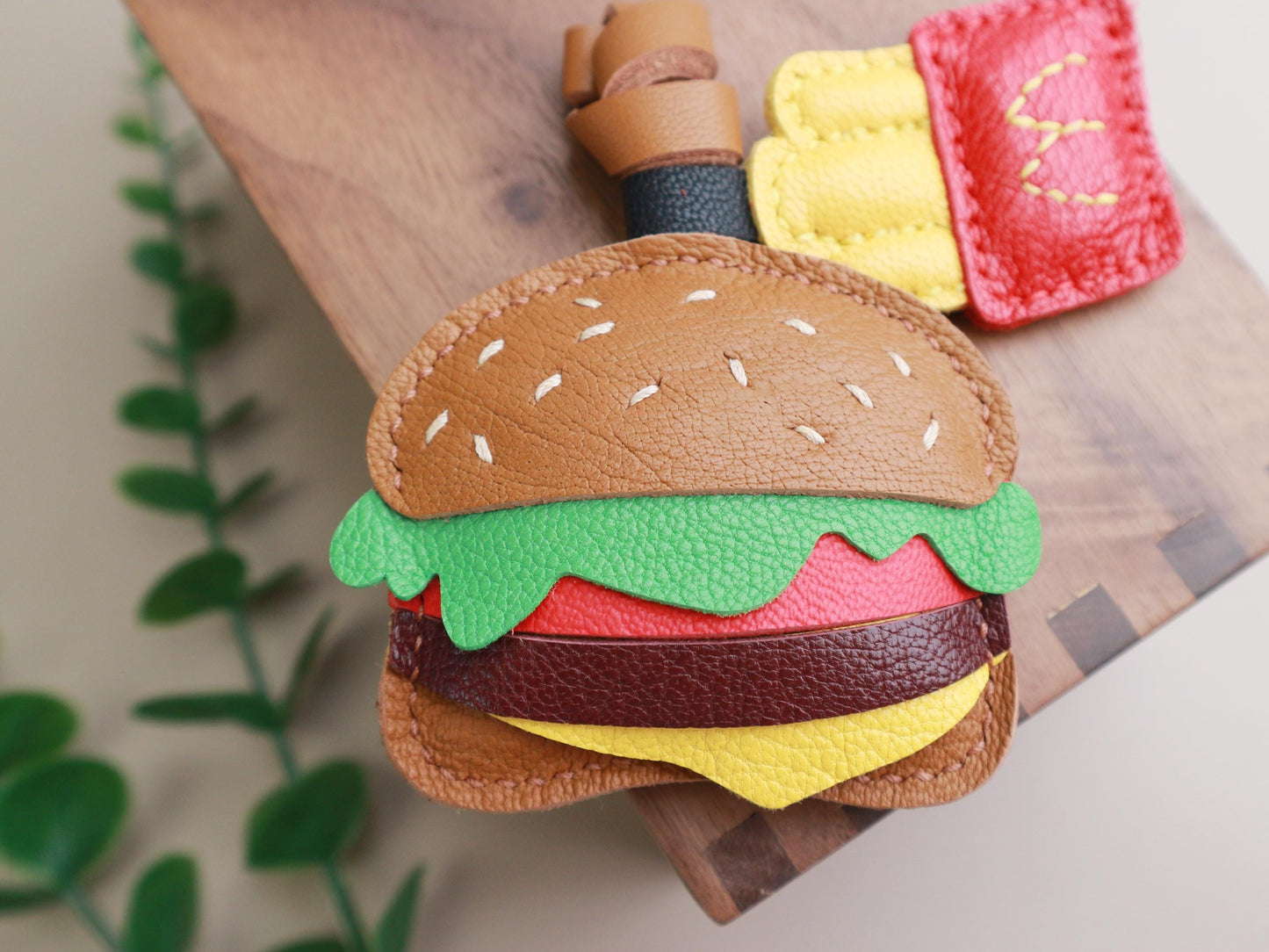 Burger and Fries Leather Charm, Handmade Hamburger and Chips leather key fob, Fast Food Purse Charm and Handbag Charm, Unique birthday gift