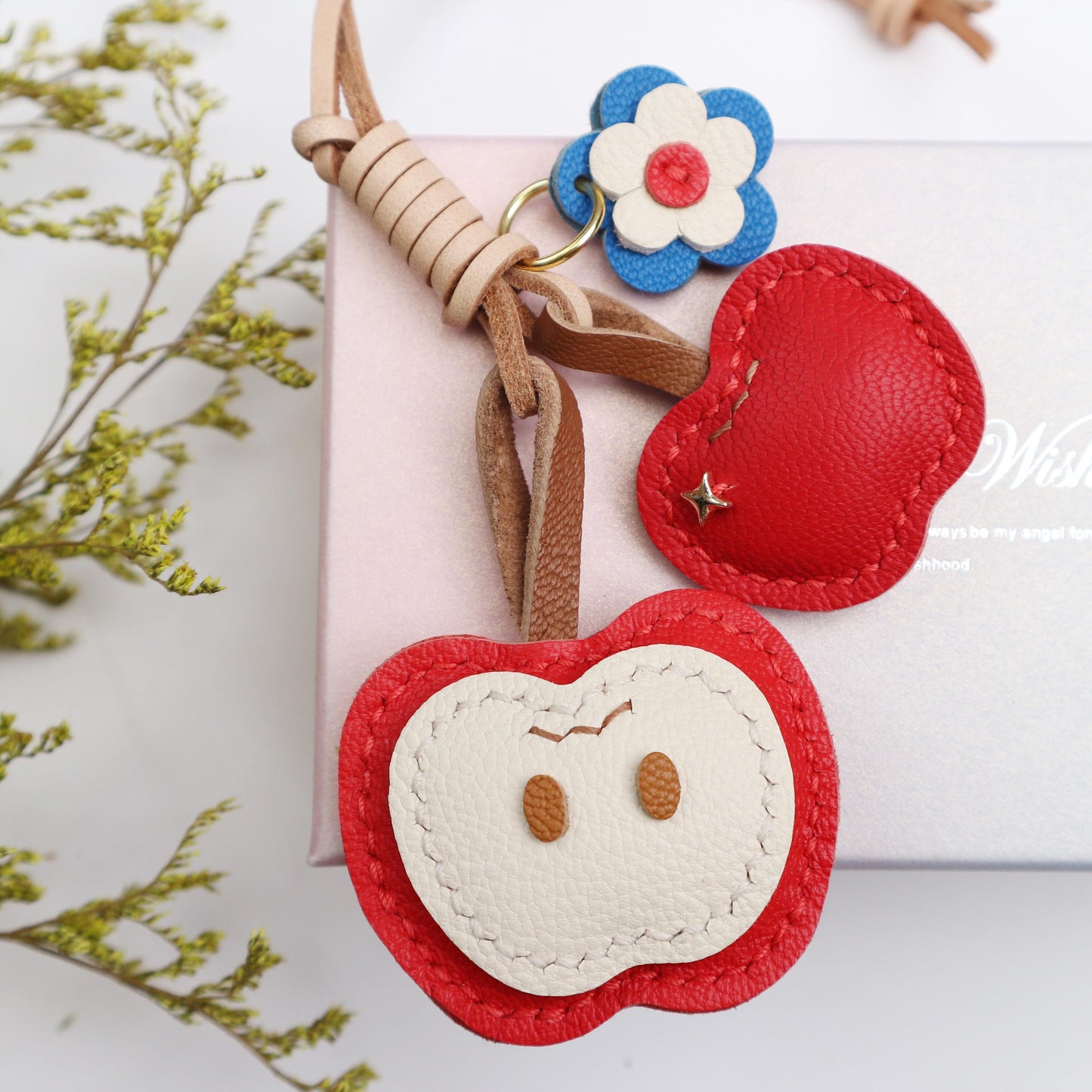 Handmade Leather Apple bag charm, Leather bag charm,Cute Apple Keychain,Apple Fruit bag charm, unique bag charm, keychain gift