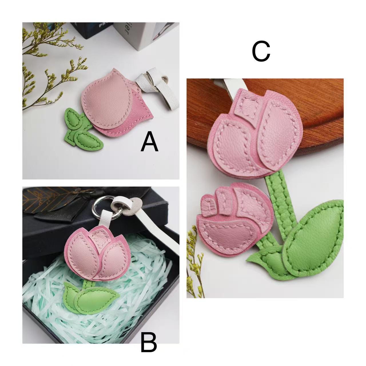 Leather Multi-Headed pink Rose Charm,Flower Keychain,Leather Flower Charm,Handmade Floral Charm, Cute Flower Leather Handbag/ Purse Charm