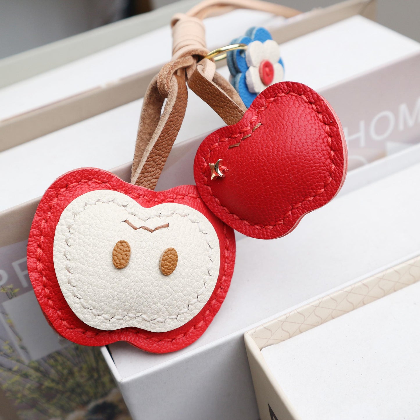 Handmade Leather Apple bag charm, Leather bag charm,Cute Apple Keychain,Apple Fruit bag charm, unique bag charm, keychain gift