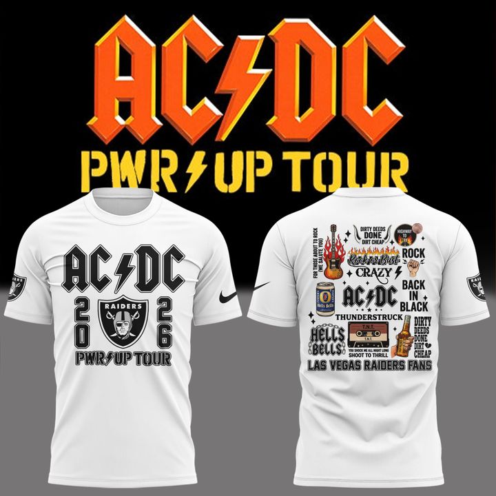 02.10. Exclusive White AC/DC x Las Vegas Raiders - Power Up Tour 2026 T-Shirt