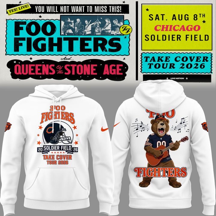 02.50. White Hoodie Foo Fighters x Chicago Bears - Take Cover Tour 2026 Hoodie