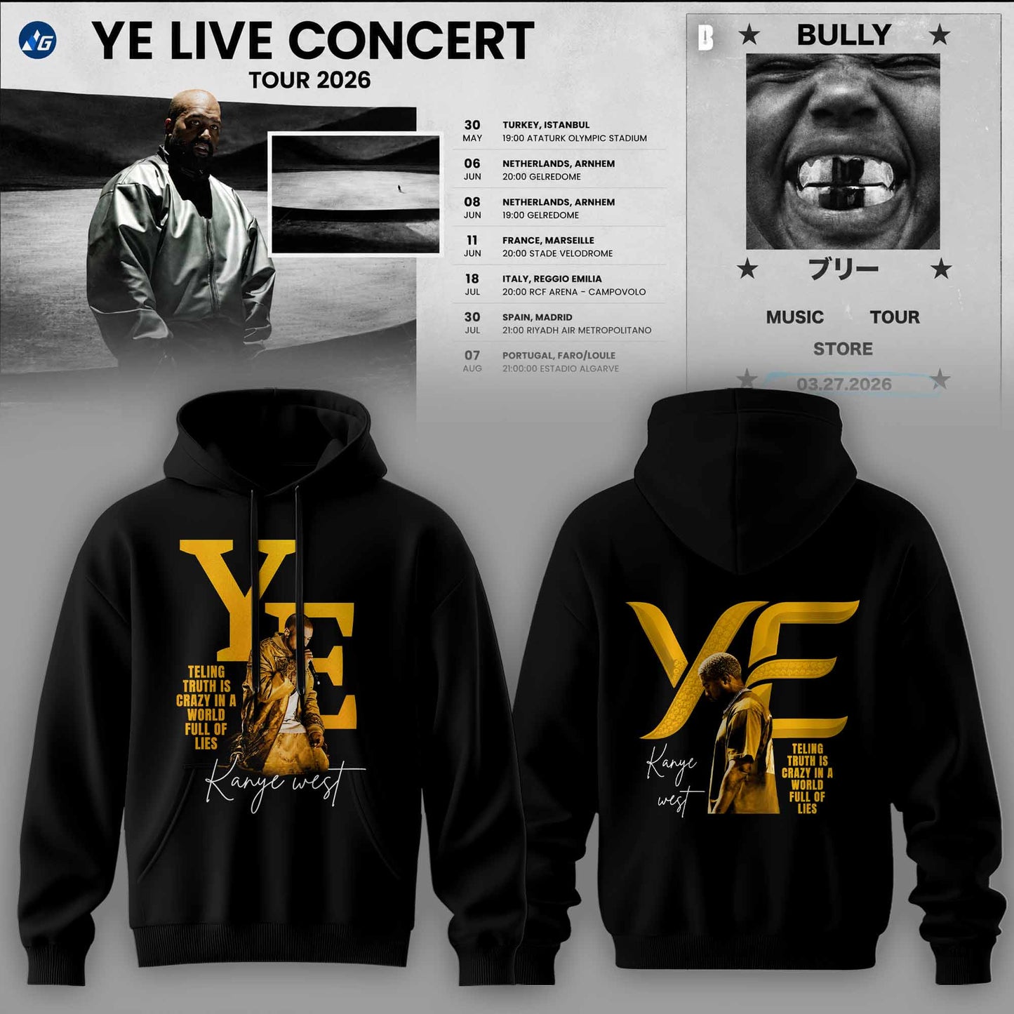 Bully Live Concert Tour 2026 Premium 3D Hoodie - Gold Edition