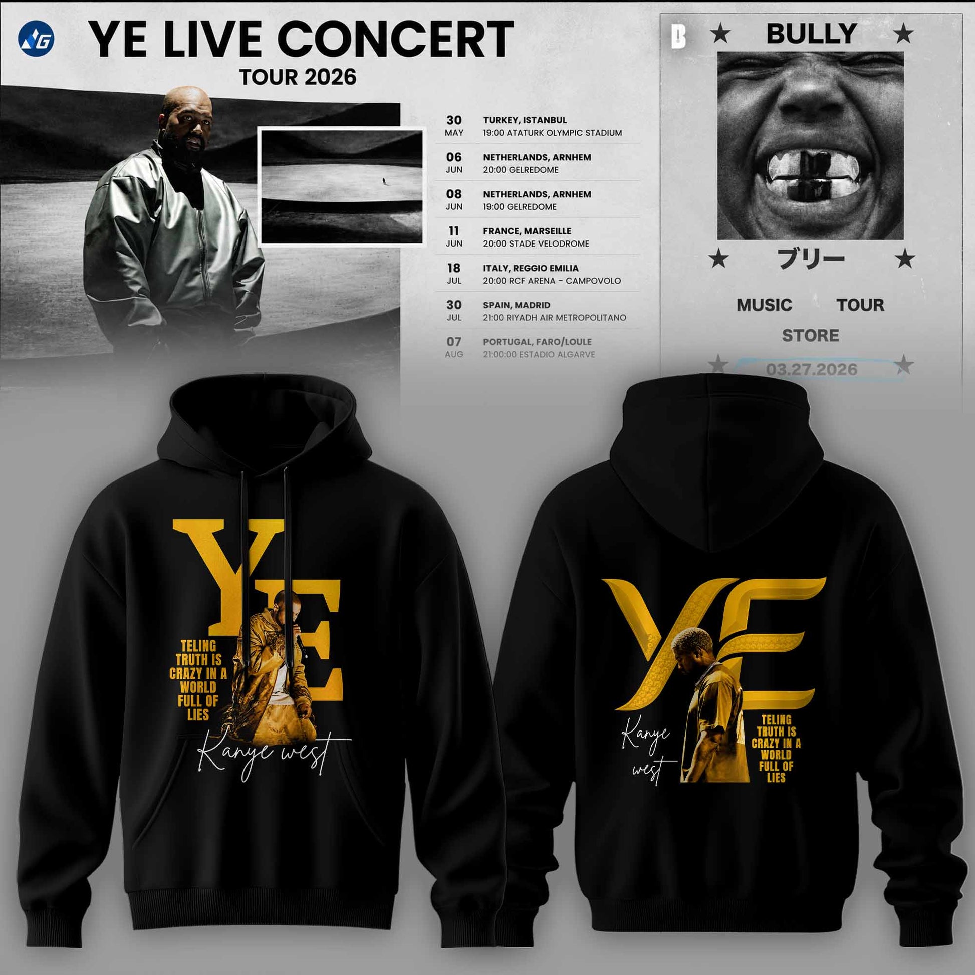 Bully Live Concert Tour 2026 Premium 3D Hoodie - Gold Edition