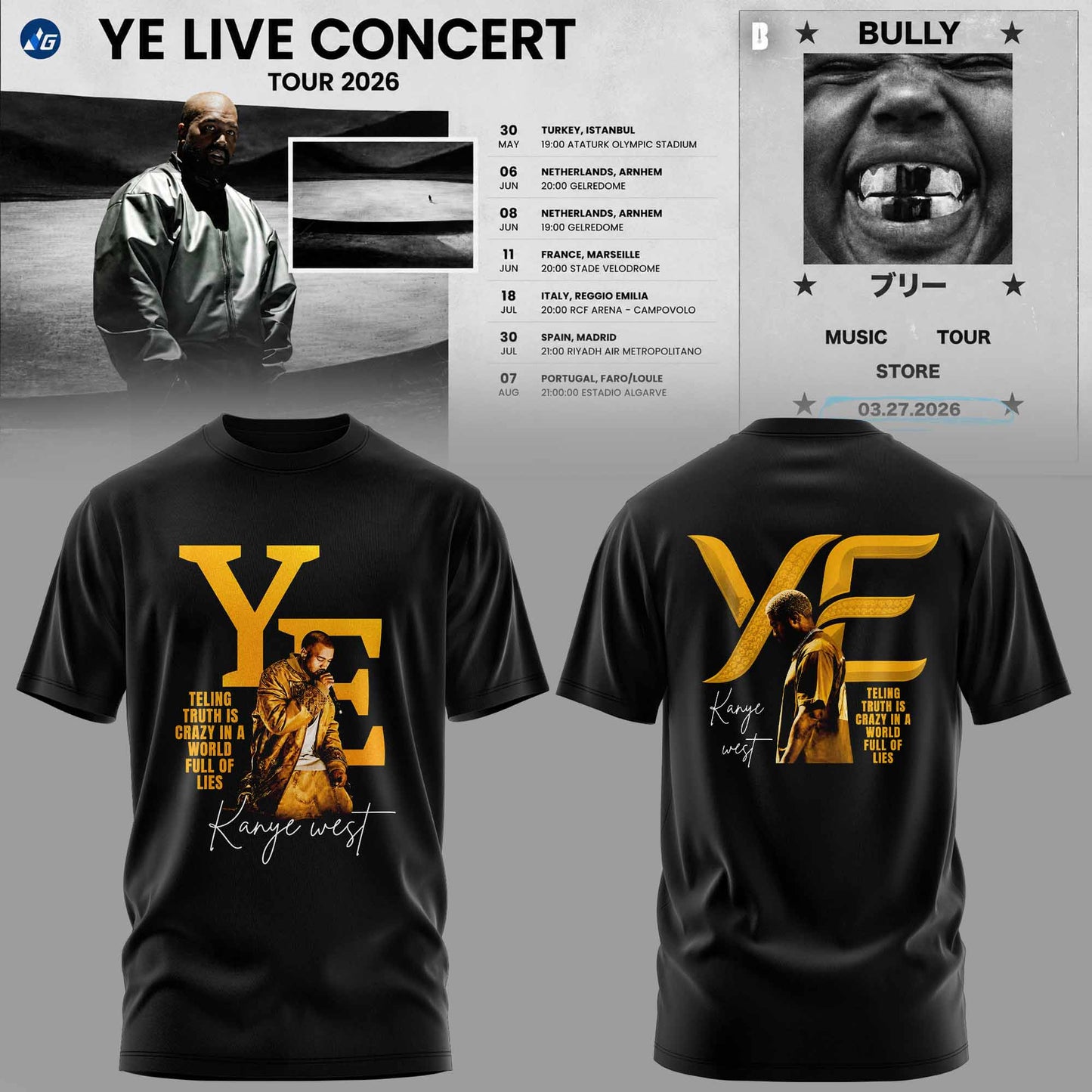 Bully Live Concert Tour 2026 Premium 3D T-Shirt - Gold Edition