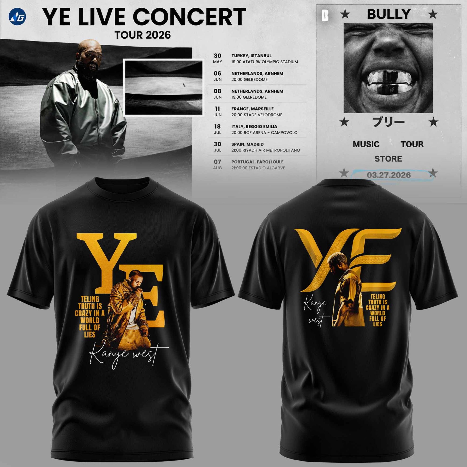 Bully Live Concert Tour 2026 Premium 3D T-Shirt - Gold Edition