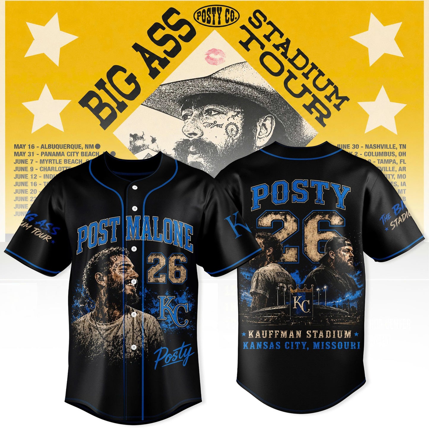 _ Post Malone Kansas City Tour 2026 Jersey | Kauffman Stadium